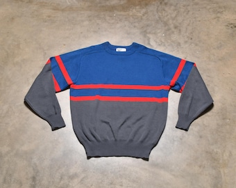 Suéter de esquí vintage de los años 70 y 80, mezcla de lana Head Tyrolia, gris, azul, rayas rojas, 1970, 1980, esquí retro, L grande