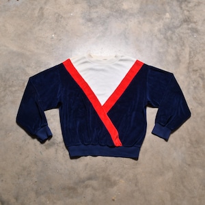 vintage 70s 80s velour shirt long sleeve red blue white stripe color block 1970 1980 men women unisex polo shirt Aileen M/L crop