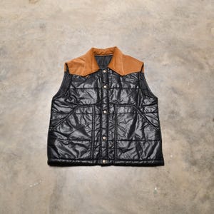 vintage 70s ski vest puffy puffer vest hiking camping black brown corduroy men women unisex L/XL