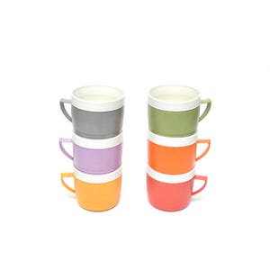 Vintage 60-70-tals Sunfrost Thermoware stapelmuggar campingmuggar lila grå grön orange gul 1960-1970 köksinredning