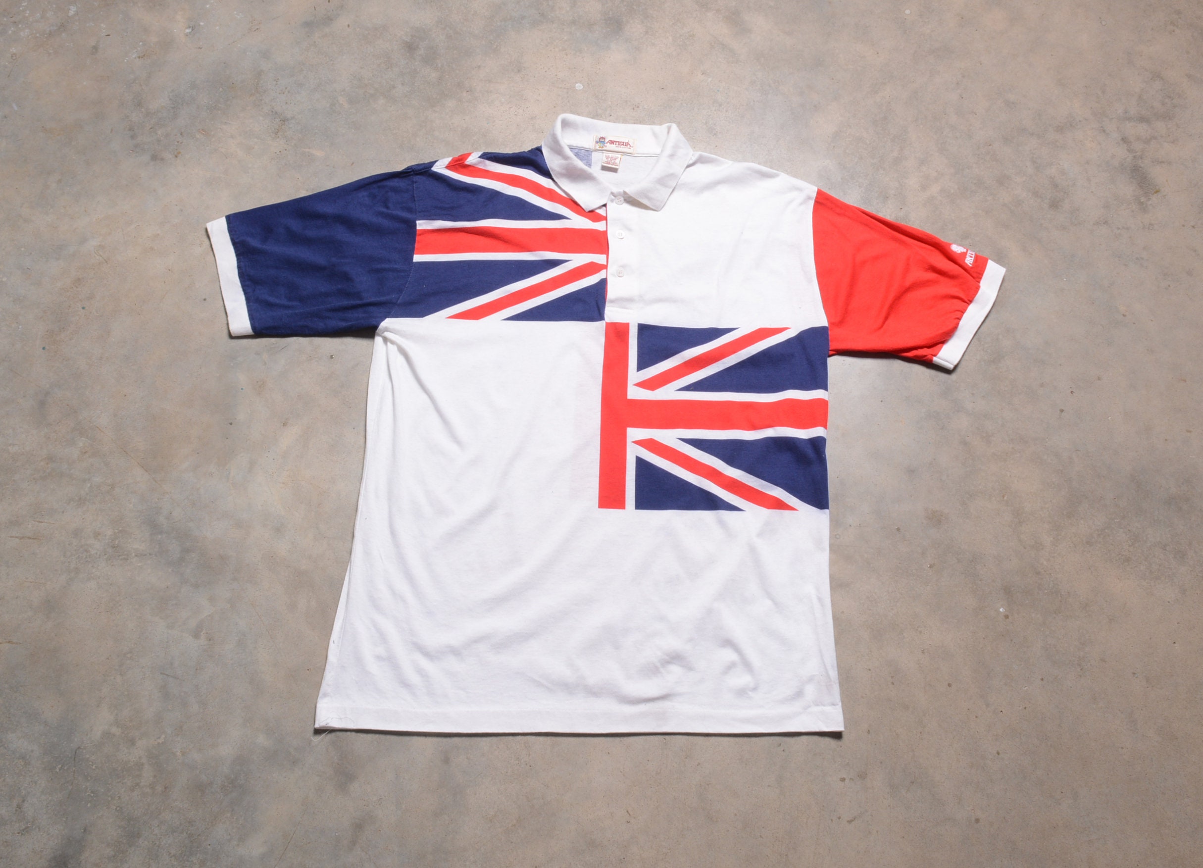 Vintage 90s Union Jack Flag Polo Shirt Red White Blue 1990 Men