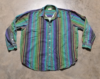 vintage 80s 90s Crossroads western shirt green purple red black stripe Southwestern women's XL