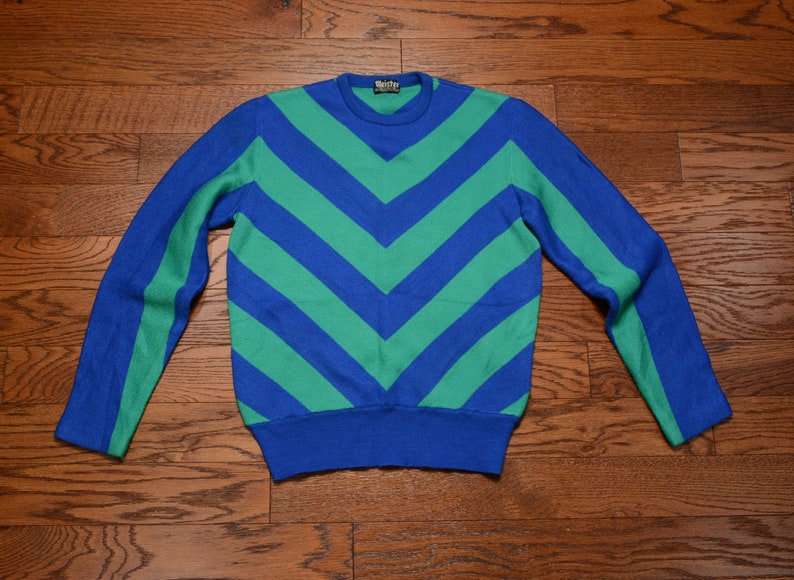 vintage ski sweater 70s blue green chevron stripe Meister 1970 ski sweater racing competition ski sweater 100/% wool ML