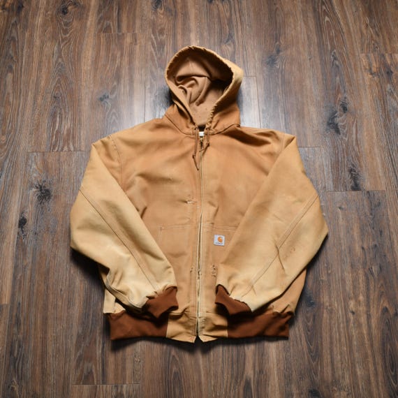 Vintage 90s 00s Carhartt Tan Denim Canvas Jacket Hooded Work