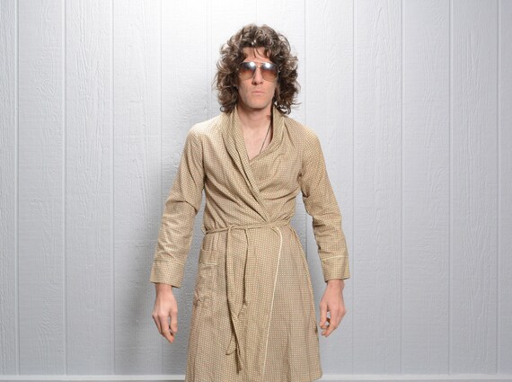 vintage robe 50s 60s smoking dressing tan brown or