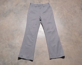 vintage 70s plaid pants 1970 funky gray houndstooth flare slacks trousers polyester 28x28 28 waist Shelby