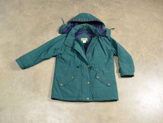 Vintage 80s 90s LL Bean Parka Winter Jacket 1980 Outdoor Camping Skiing Women Size M Petite Green Southwestern Trim