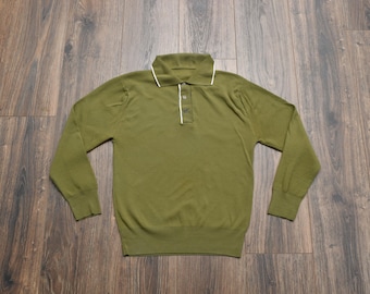 Camisa de punto vintage de los años 60, manga larga, verde oliva, para hombre, talla XS/S
