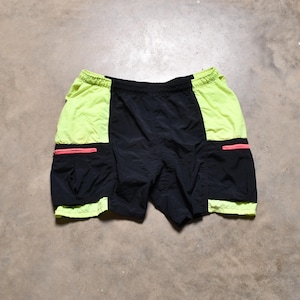 vintage 80s 90s board shorts 1980 1990 nylon swim trunks neon yellow black color block Insport bathing suit L/XL 34-38 waist