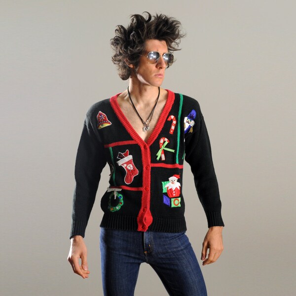 vintage ugly Christmas cardigan sweater snowman nutcracker wreather etc v-neck small