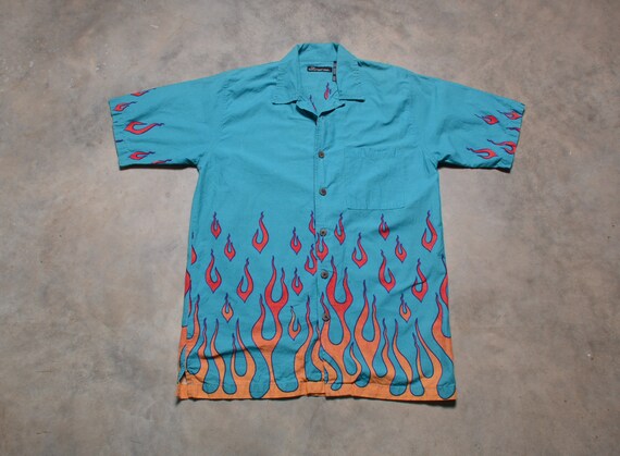 vintage 90s No Boundaries flame pattern shirt short s… - Gem