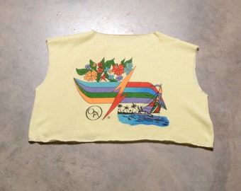 vintage 80s OA crop top sweatshirt 1980 men women unisex cutoff Myrtle Beach SC palm tree sailing surf skate rainbow lightning bolt L/XL