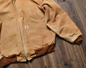 Vintage 90s 00s Carhartt Tan Denim Canvas Jacket Hooded Work