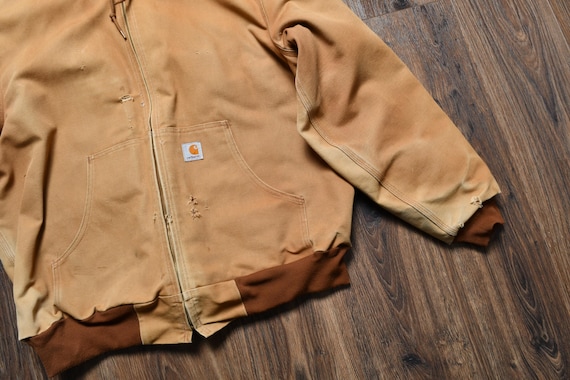 Vintage 90s 00s Carhartt Tan Denim Canvas Jacket Hooded Work