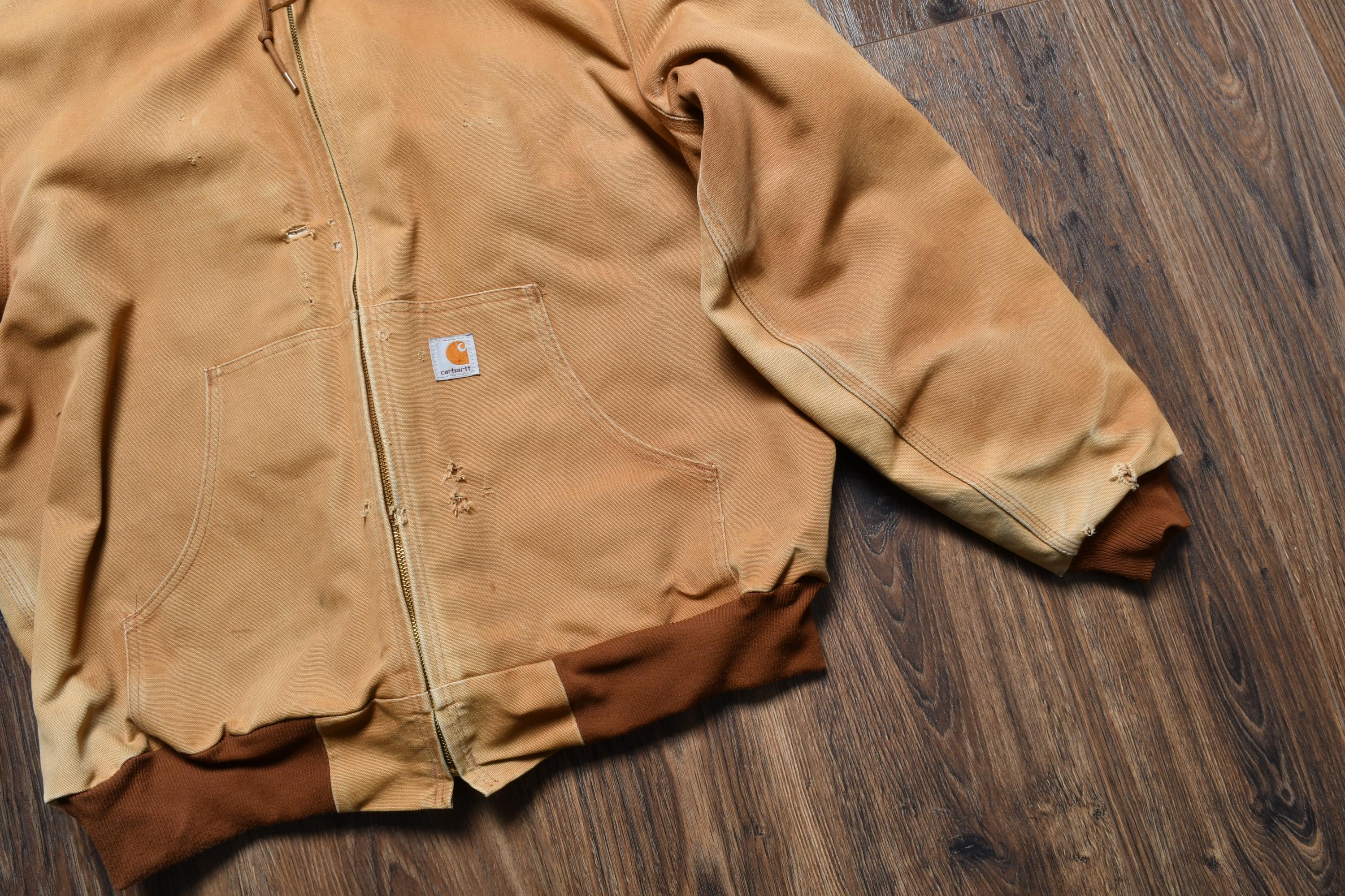 Vintage 90s 00s Carhartt Tan Denim Canvas Jacket Hooded Work