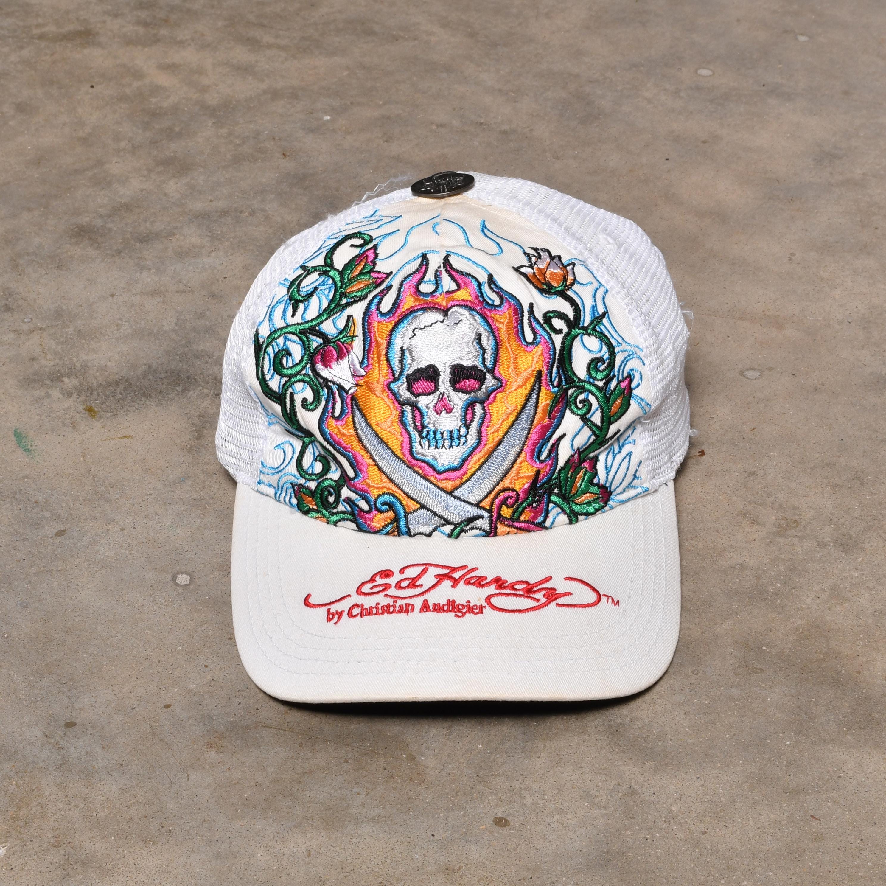 Vintage 00s Ed Hardy Hat Christian Audigier Skull Flame Swords