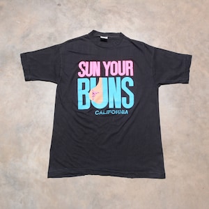 vintage 80s Sun Your Buns  t-shirt California tee shirt 1980 neon graphic men women unisex single stitch M/L Poly Tees Hawaii