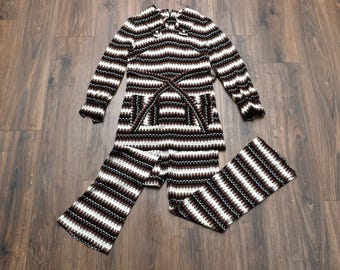 vintage 60s two piece outfit flare leg tunic top belt waist hippie mod psychedelic M/L