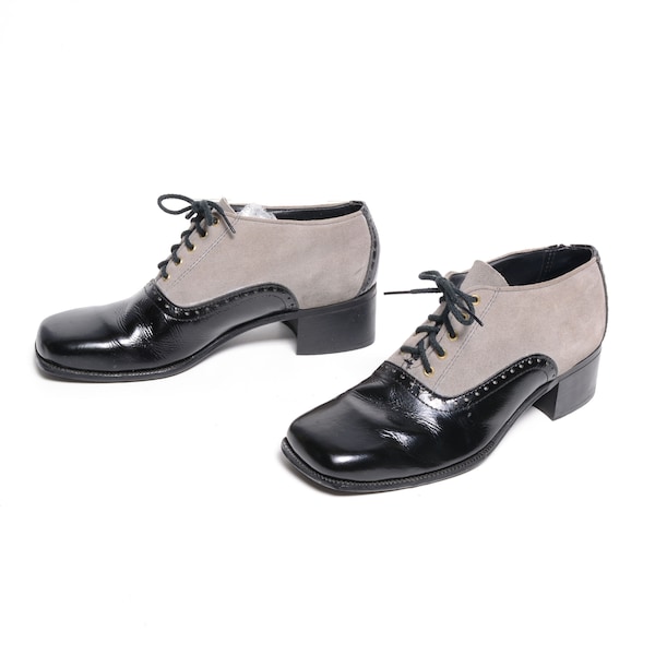 vintage 70s platform shoes high heel gray suede black patent leather saddle shoe 1970 disco pimp men size 8 Flagg Bros