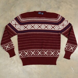 vintage 80s sweater snowflake jumper VIP 1970 holiday Christmas party men women unisex M/L burgundy blue white acrylic pullover