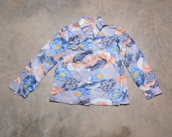 vintage 70s Aldens Fashions flower print blouse women's nylon Asian style watercolor button up shirt 1970 women fashion L/XL