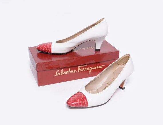 vintage 80s Ferragamo shoes white red leather qui… - image 1