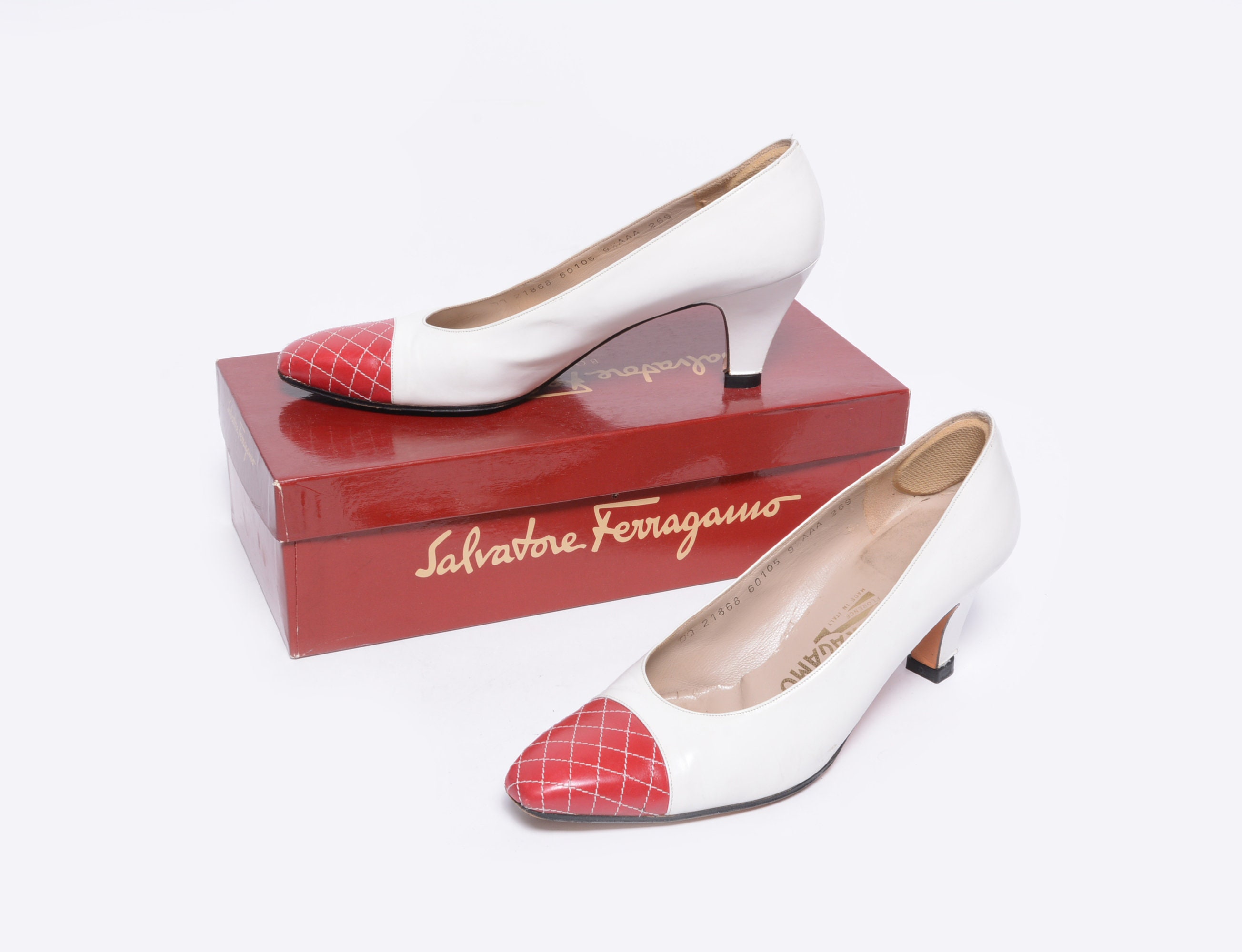 Vintage 80s Ferragamo Shoes White Red Leather Quilted Toe