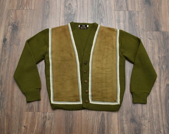 vintage 60s suede panel sweater olive green cardigan 1960 Campus M medium