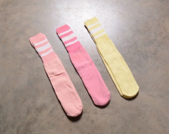 vintage 80s tube socks pastel yellow pink peach white stripe 1980 athletic sport gym tennis roller derby rollerskate 17" NOS deadstock