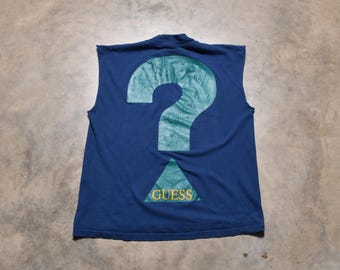 90年代ヴィンテージのGuess Tシャツ、メンズ、レディース、ユニセックス、L/XL、カットオフスリーブ、ノースリーブ、Tシャツ、クエスチョンマークロゴ
