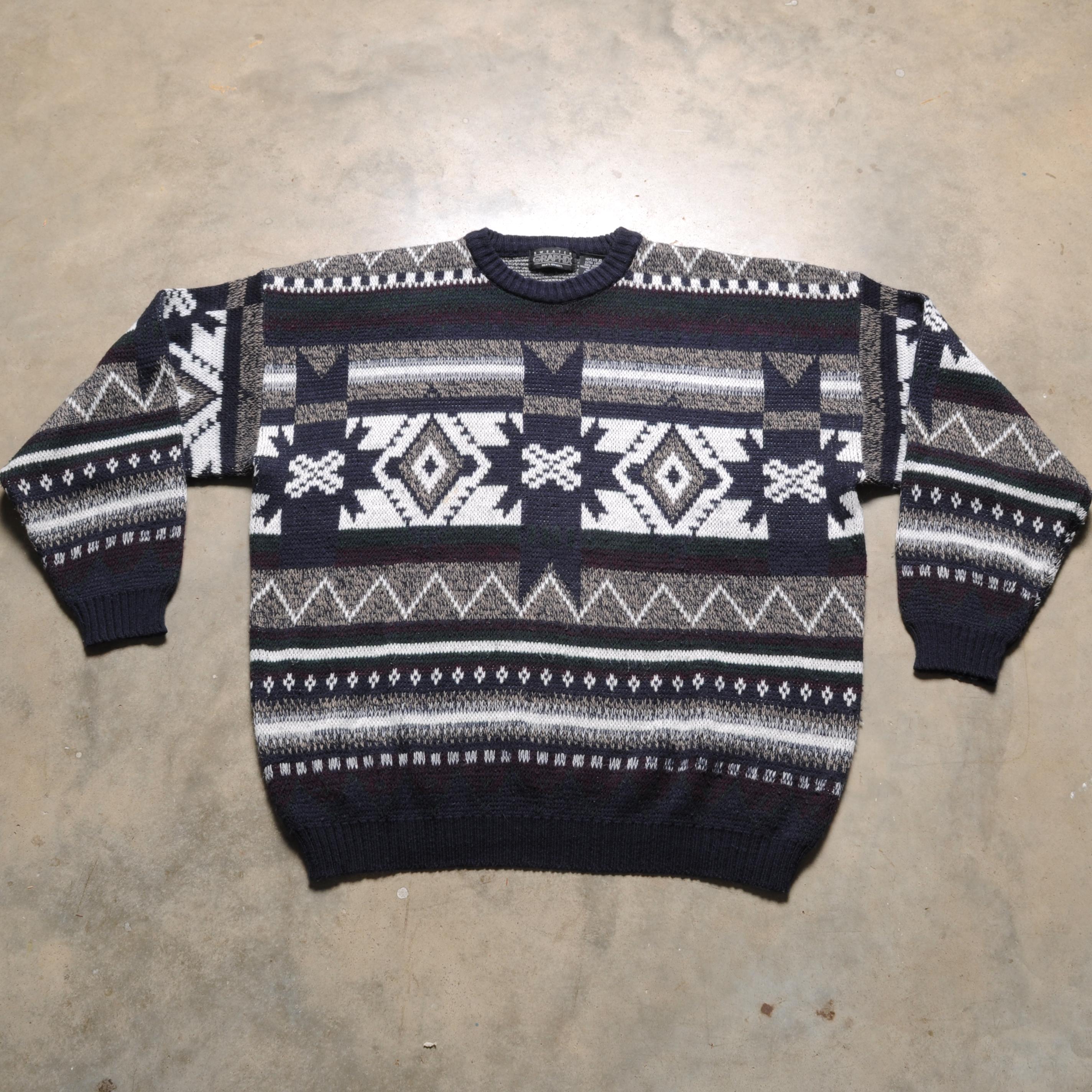 Vintage 90s Sweater Graphix Sweater Snowflake Geometric Blue Green 