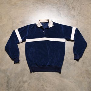 vintage 70s velour polo shirt long sleeve dark blue white stripe shirt 1970 men women unisex polo shirt S/M