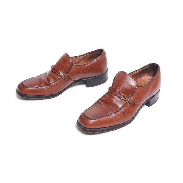 vintage 70s mock toe platform shoes brown leather loafer Hanover 1970 men size 7.5 7 1/2 D/B high heel men dress shoe