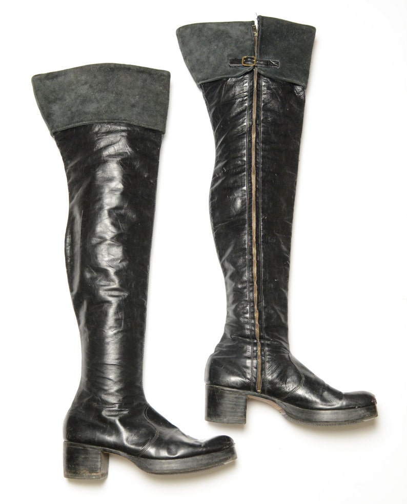 Vintage 70s glam rock platform boots black leather thigh