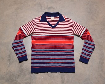 vintage 70s lightweight sweater with collar knit polo shirt striped pullover red white blue 1970 menswear men S/M