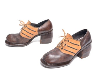 vintage 70s platform shoes men high heel glam rock brown tan two tone leather disco pimp 1970 men size 8.5 narrow women 10B