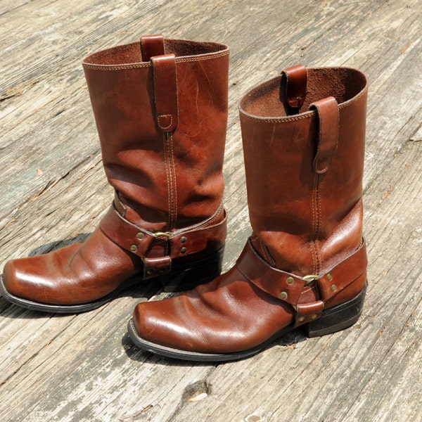 vintage 60s brown leather motorcycle boots harness engineer distressed mens 10 10D Lucky 7