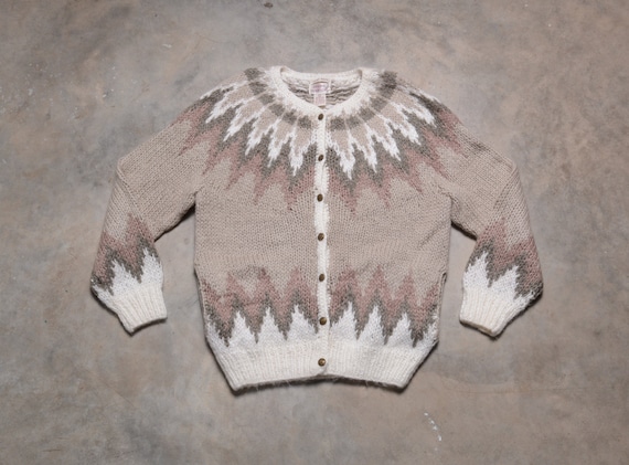 Vintage 90s Fair Isle Sweater Folk Ethnic Icelandic Style Cardigan