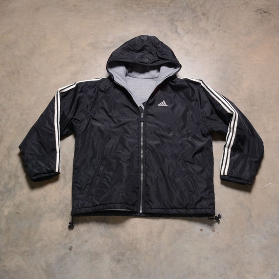 Vintage 90s Adidas Jacket 1990 Hooded Parka Black Nylon White 