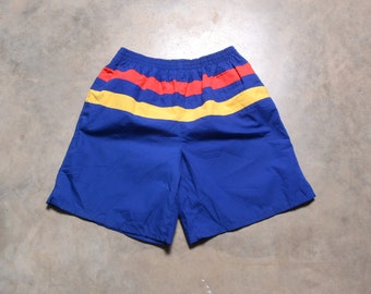 vintage 90s BSR swim trunks shorts red yellow blue stripe gym sport athletic 1990 men women unisex M/L