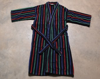 vintage robe 80s 90s terry terrycloth black green blue red stripe 100% cotton Turkish Towel TJ Lawford one size