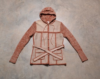 vintage 60s 70s suede space dyed knit sweater jacket 1960 1970 Dawn International rust brown tan hood cardigan S/M