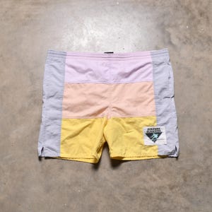vintage 80s board shorts 1980 Hobie Surfer&#39;s Paradise swim trunks pastel color block bathing suit swimsuit XL 40-44 waist