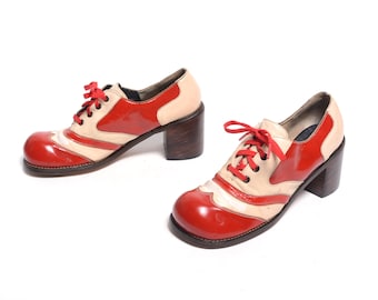 Vintage 70s Platform Shoes High Heel Glam Rock Tan Red