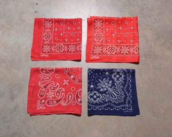 vintage 50s bandana red blue paisley flower all cotton kerchief 100% fast color Elephant trunk up 22&quot;