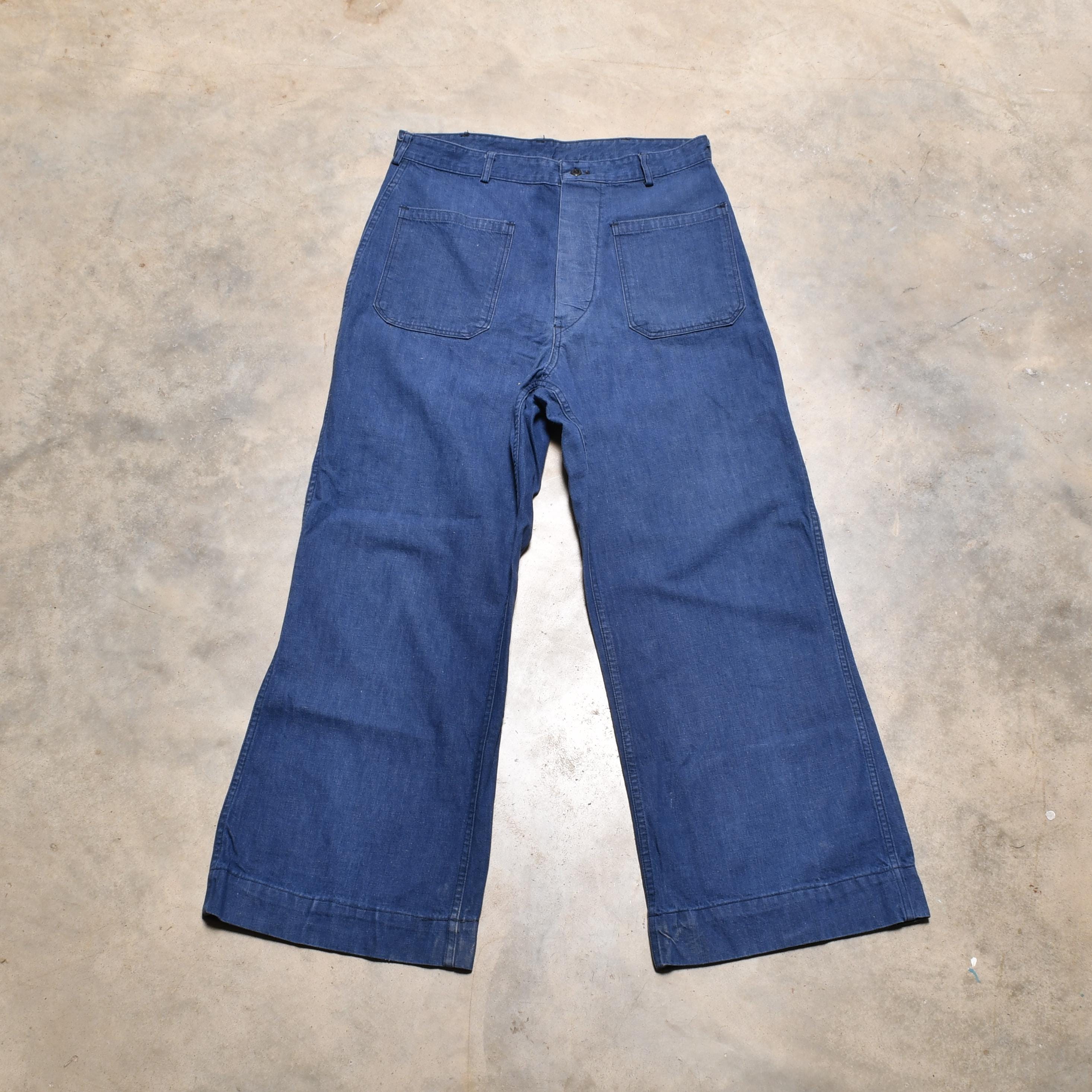 デニム・ジーパン Seafarer Jane' Blue Trousers 70s Seafarer Deadstock Flared Unisex Sailor Dungarees