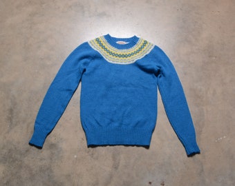 vintage 70s fair isle sweater folk ethnic white yellow blue wool men women unisex XS/S The Import Workshop