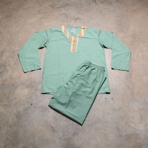 vintage 50s 60s men pajamas set 1950 1960 menswear pajama sleep shirt pants Pleetway green yellow brown dashiki style