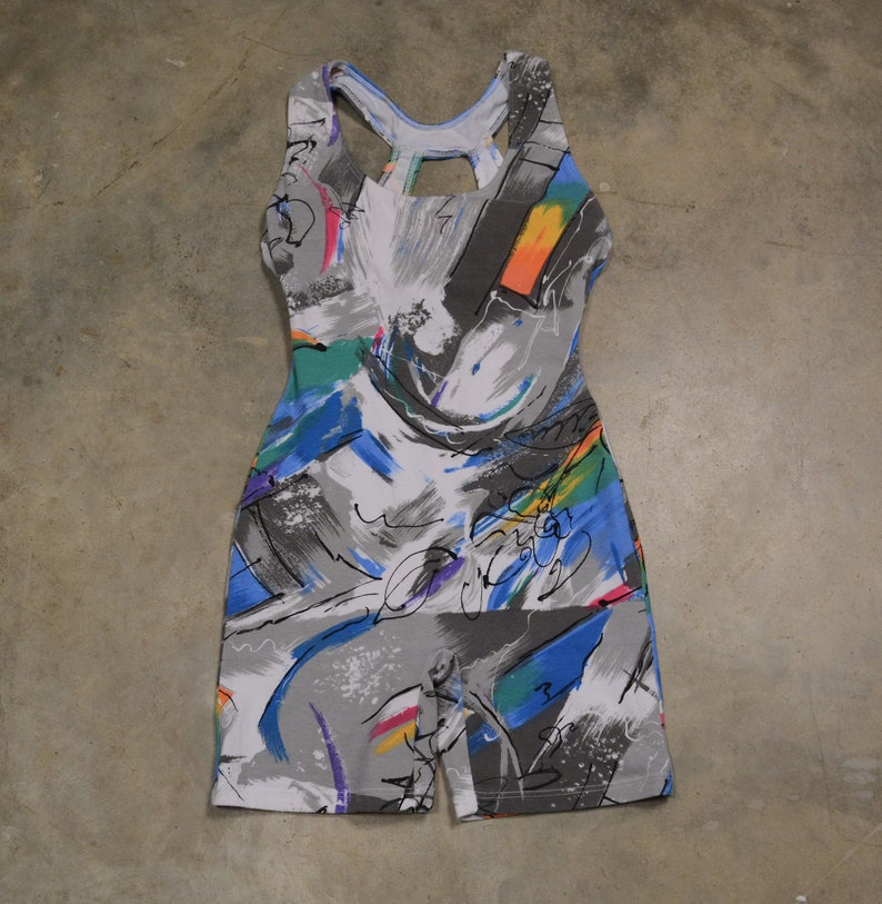 vintage 80s 90s workout outfit spandex unitard leotard aerobics gym abstract rainbow squiggle swirl pattern Marika ML GLOW