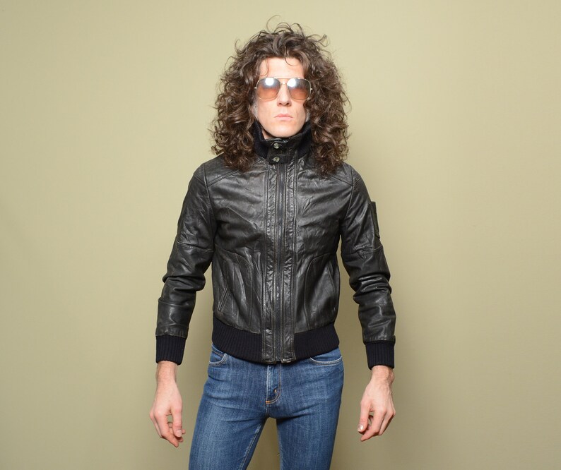 Vintage 80s Leather Jacket Black Er Racer La Joanne 1980 Men Mensear Coat High Collar 36 38 Small S